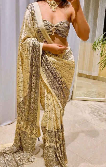 Ivory Black Ajrakh Modal Silk Saree with Hand-Set Mirrors
