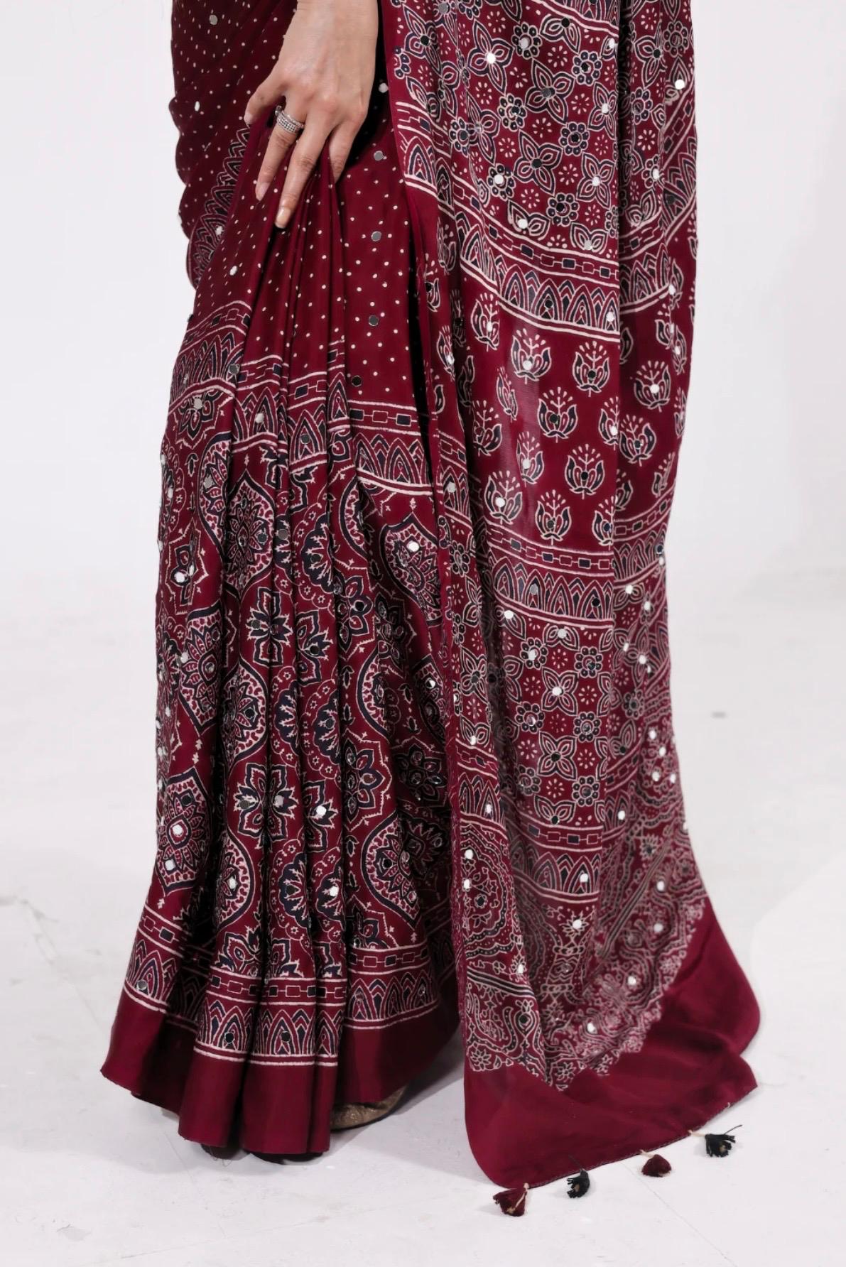 Maroon Modal Silk Ajrakh Printed Saree with Hand-Set Mirrors