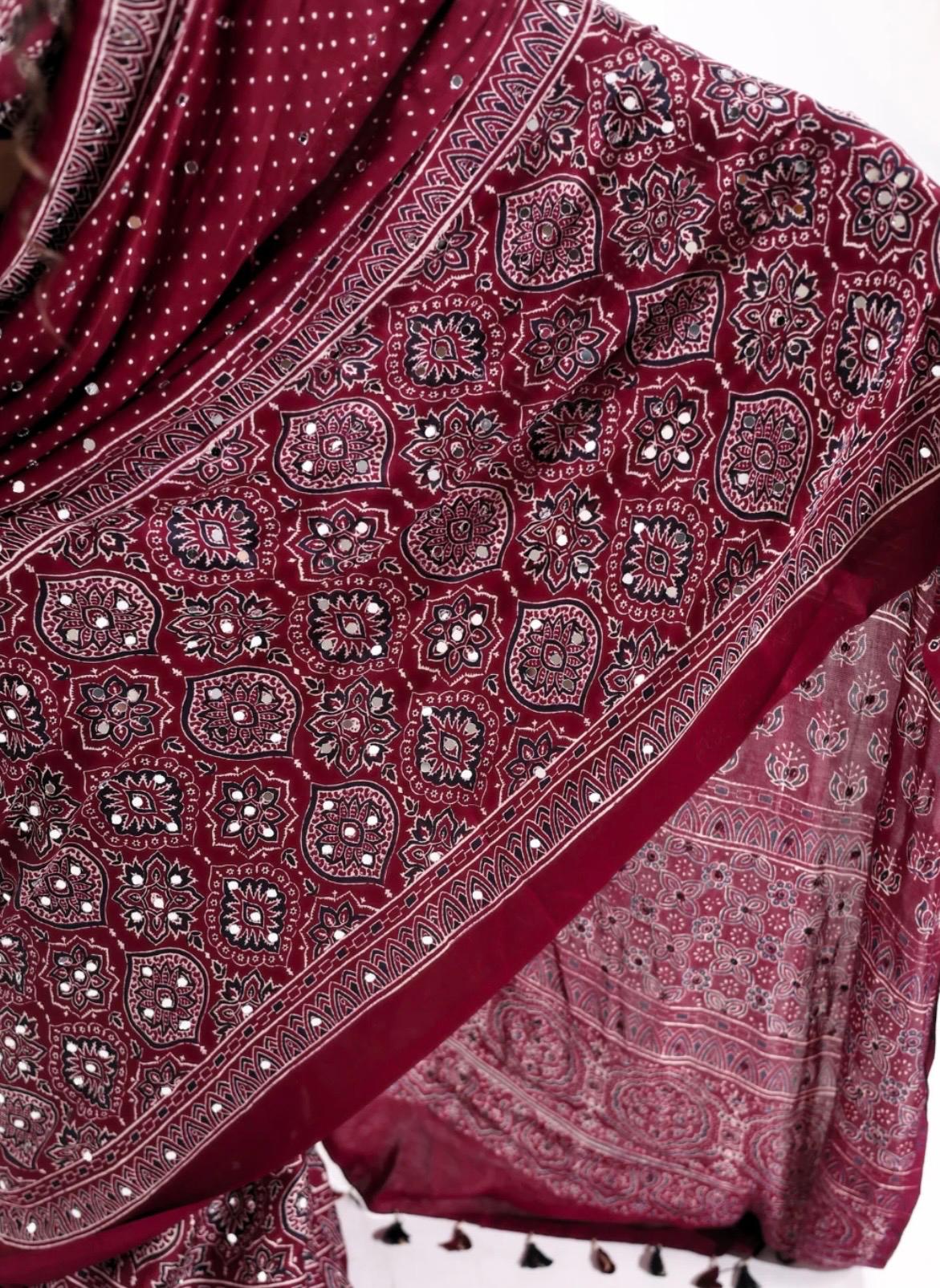 Maroon Modal Silk Ajrakh Printed Saree with Hand-Set Mirrors