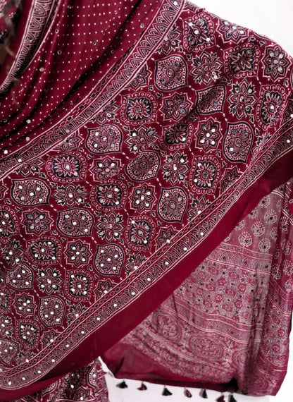 Maroon Modal Silk Ajrakh Printed Saree with Hand-Set Mirrors