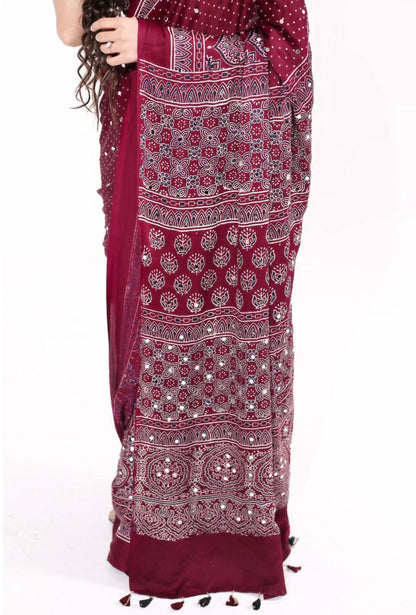 Maroon Modal Silk Ajrakh Printed Saree with Hand-Set Mirrors