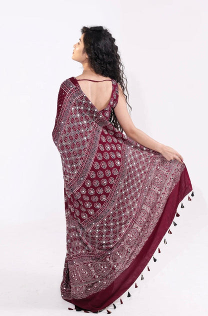 Maroon Modal Silk Ajrakh Printed Saree with Hand-Set Mirrors