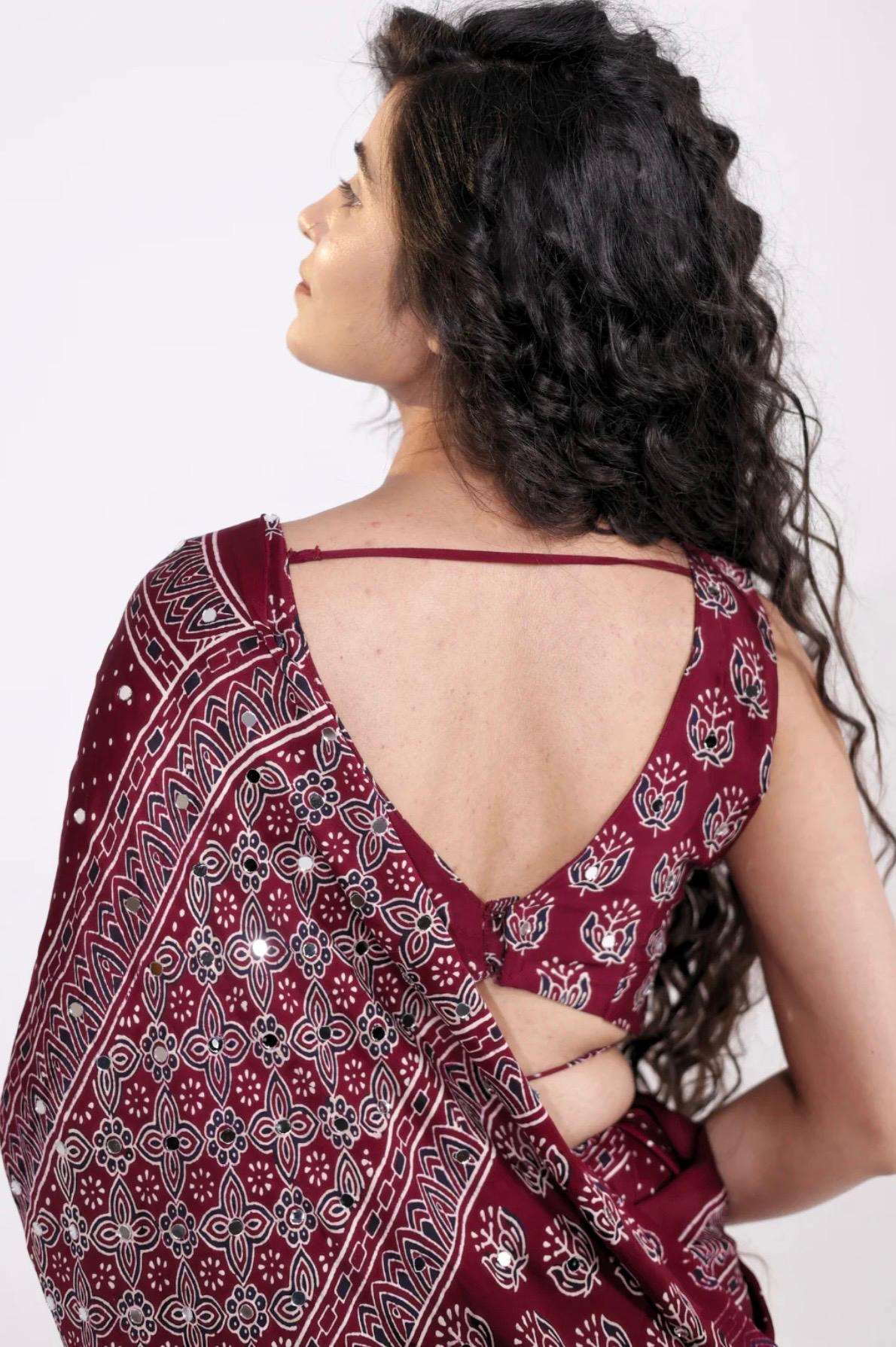 Maroon Modal Silk Ajrakh Printed Saree with Hand-Set Mirrors