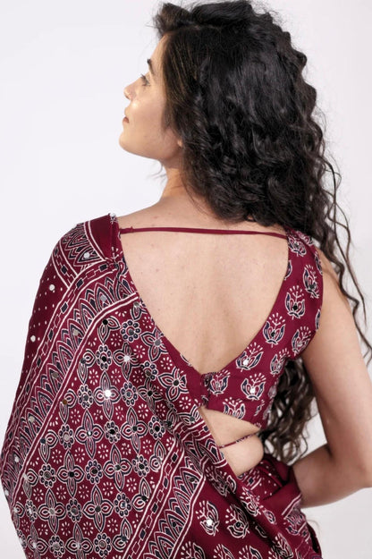 Maroon Modal Silk Ajrakh Printed Saree with Hand-Set Mirrors
