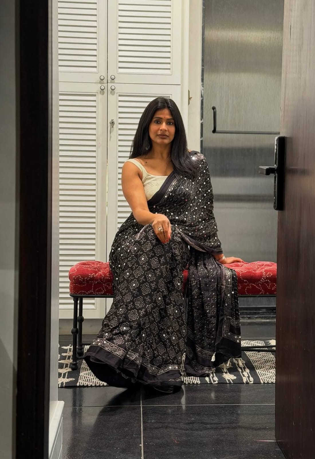 Black Ajrakh Gajji Mirror Work Saree