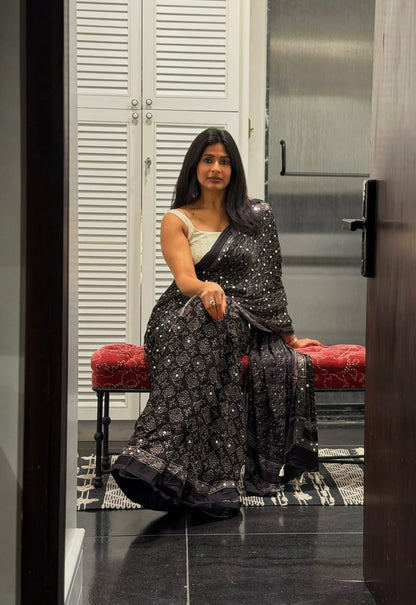Black Ajrakh Gajji Mirror Work Saree