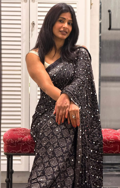 Black Ajrakh Gajji Mirror Work Saree