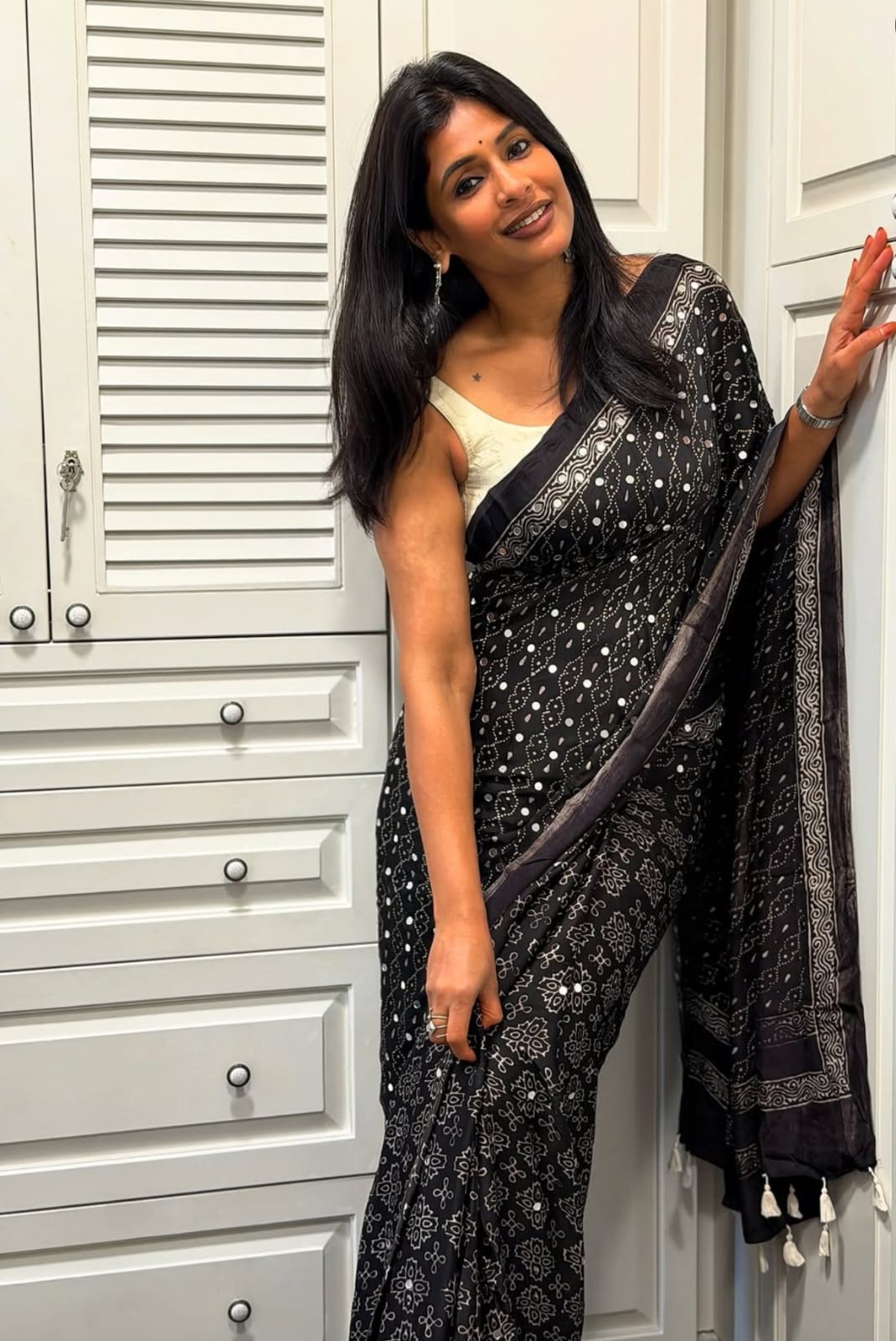 Black Ajrakh Gajji Mirror Work Saree