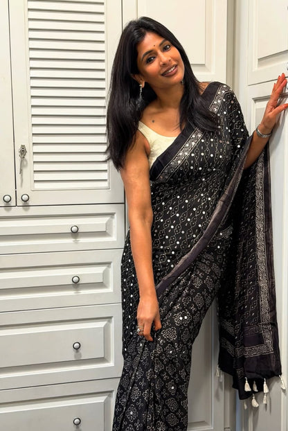 Black Ajrakh Gajji Mirror Work Saree