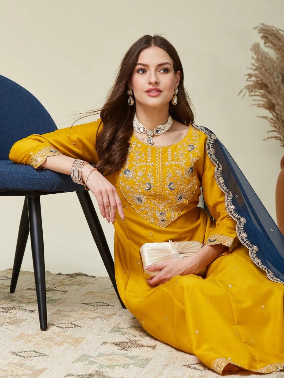 Mustard Yellow Vichhitra Silk New Premium Anarkali Kurti Pant Set