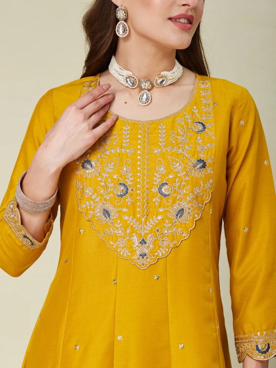 Mustard Yellow Vichhitra Silk New Premium Anarkali Kurti Pant Set