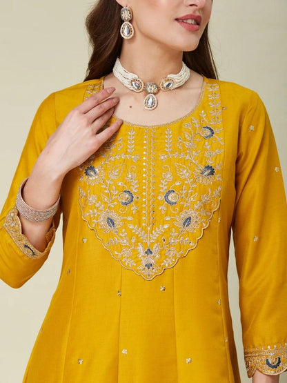 Mustard Yellow Vichhitra Silk New Premium Anarkali Kurti Pant Set