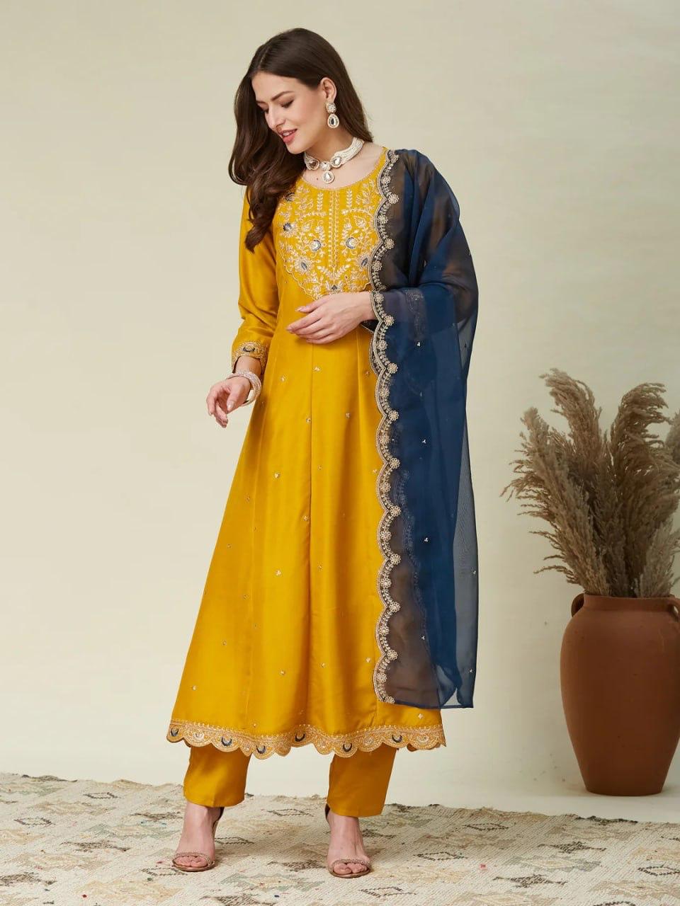 Mustard Yellow Vichhitra Silk New Premium Anarkali Kurti Pant Set