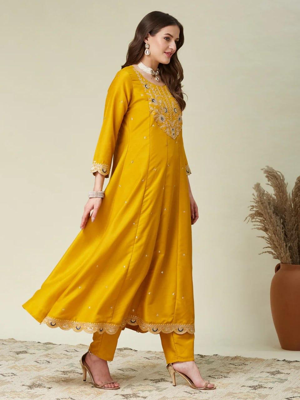 Mustard Yellow Vichhitra Silk New Premium Anarkali Kurti Pant Set