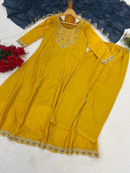 Mustard Yellow Vichhitra Silk New Premium Anarkali Kurti Pant Set