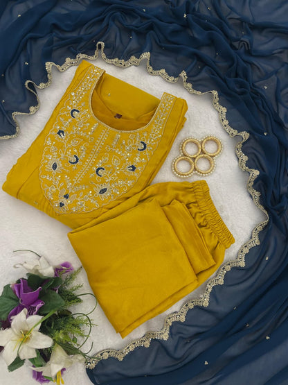 Mustard Yellow Vichhitra Silk New Premium Anarkali Kurti Pant Set