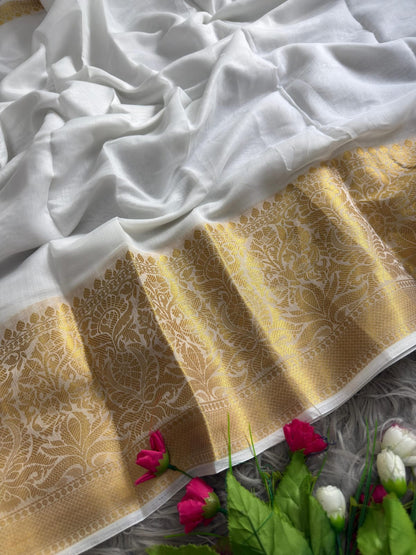 White Onam Special Soft Silk Saree with Elegant Gold Woven Design & Tassels