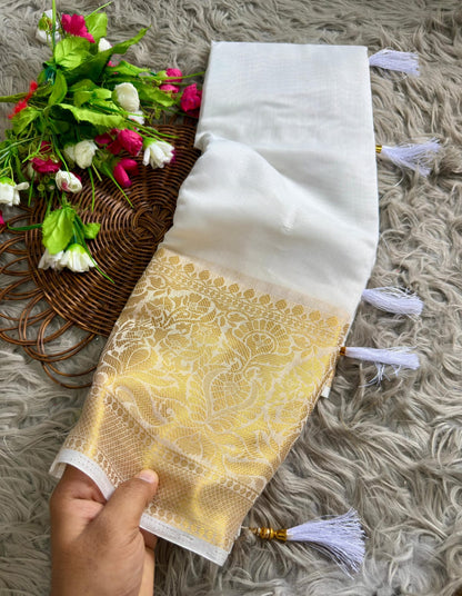 White Onam Special Soft Silk Saree with Elegant Gold Woven Design & Tassels