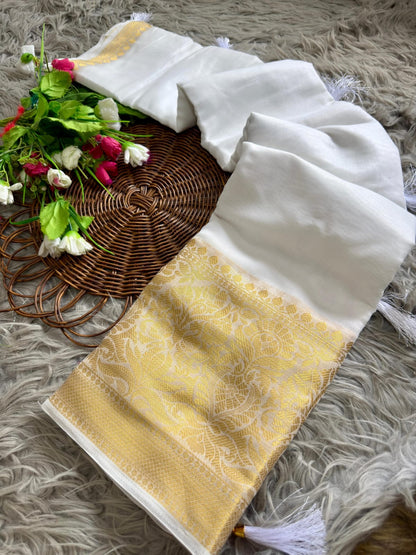 White Onam Special Soft Silk Saree with Elegant Gold Woven Design & Tassels