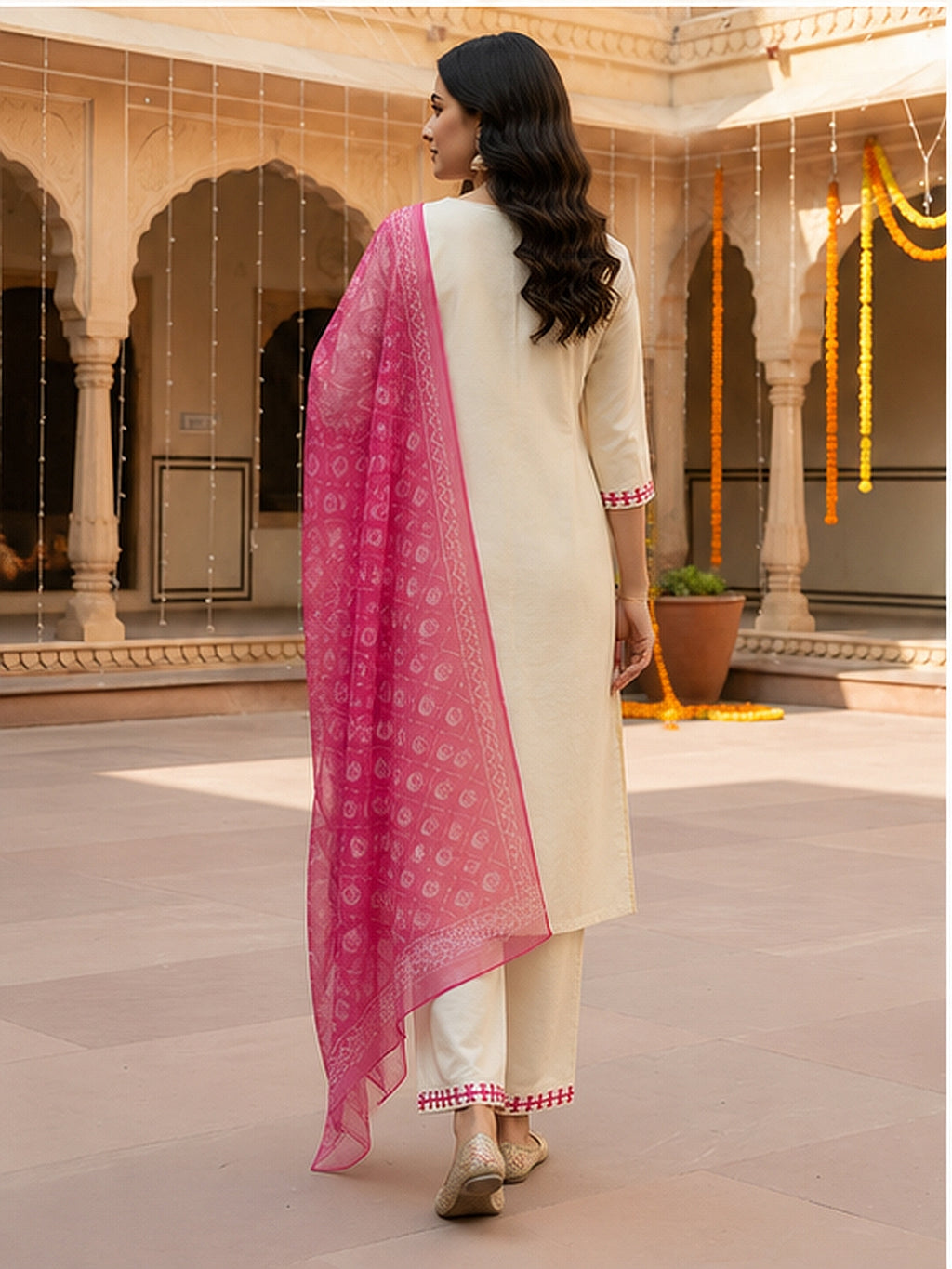 Off White Embroidered Kurta Set with Pink Dupatta for Women