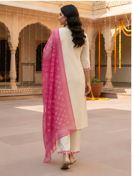Off White Embroidered Kurta Set with Pink Dupatta for Women