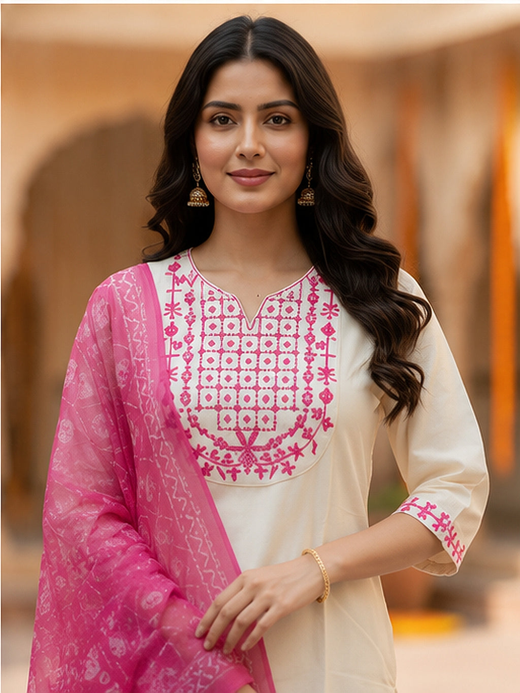 Off White Embroidered Kurta Set with Pink Dupatta for Women