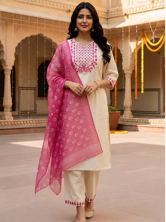Off White Embroidered Kurta Set with Pink Dupatta for Women