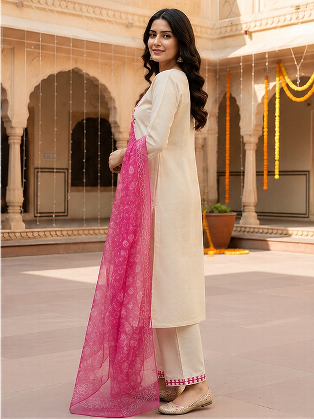 Off White Embroidered Kurta Set with Pink Dupatta for Women