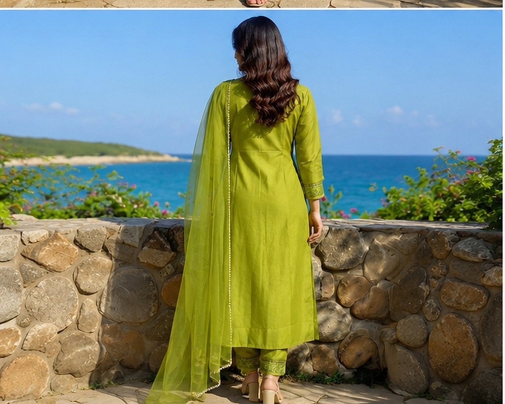 Olive Green Cotton Blend Kurta Set with Organza Dupatta