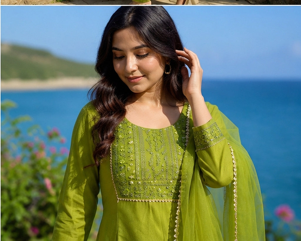 Olive Green Cotton Blend Kurta Set with Organza Dupatta