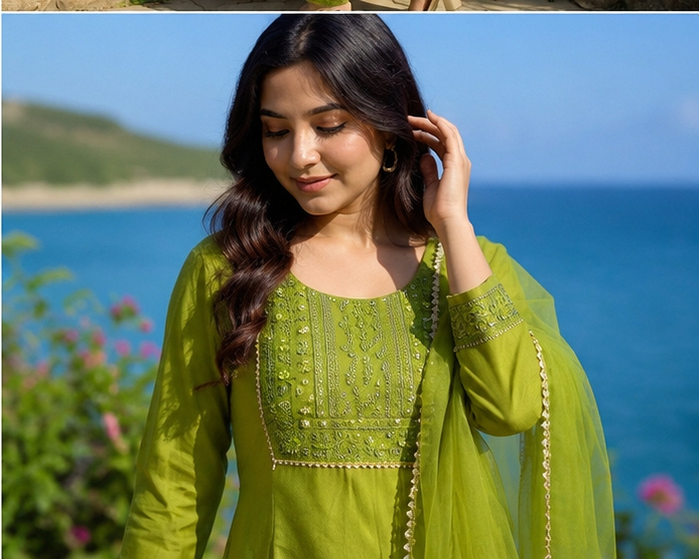 Olive Green Cotton Blend Kurta Set with Organza Dupatta