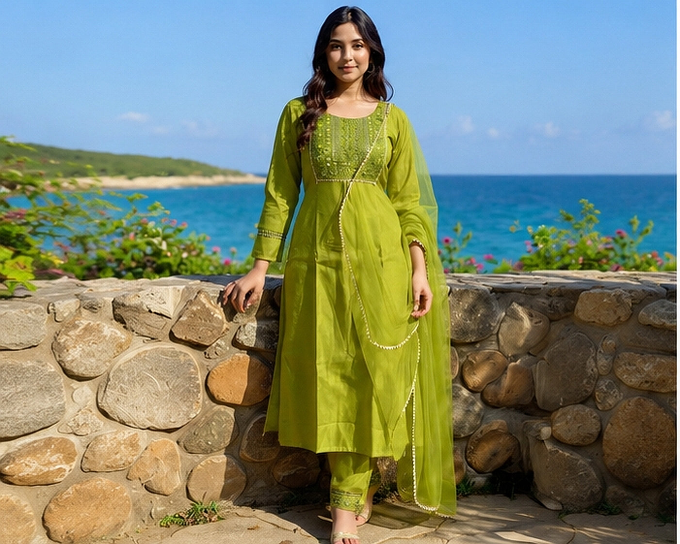 Olive Green Cotton Blend Kurta Set with Organza Dupatta