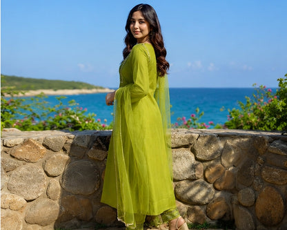 Olive Green Cotton Blend Kurta Set with Organza Dupatta