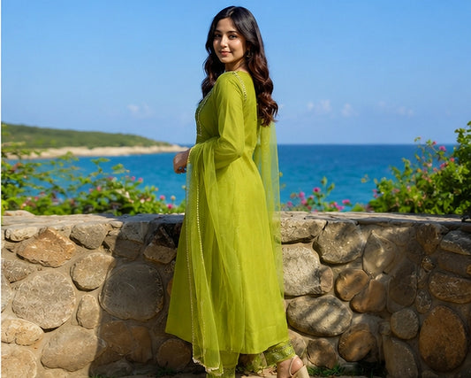 Olive Green Cotton Blend Kurta Set with Organza Dupatta