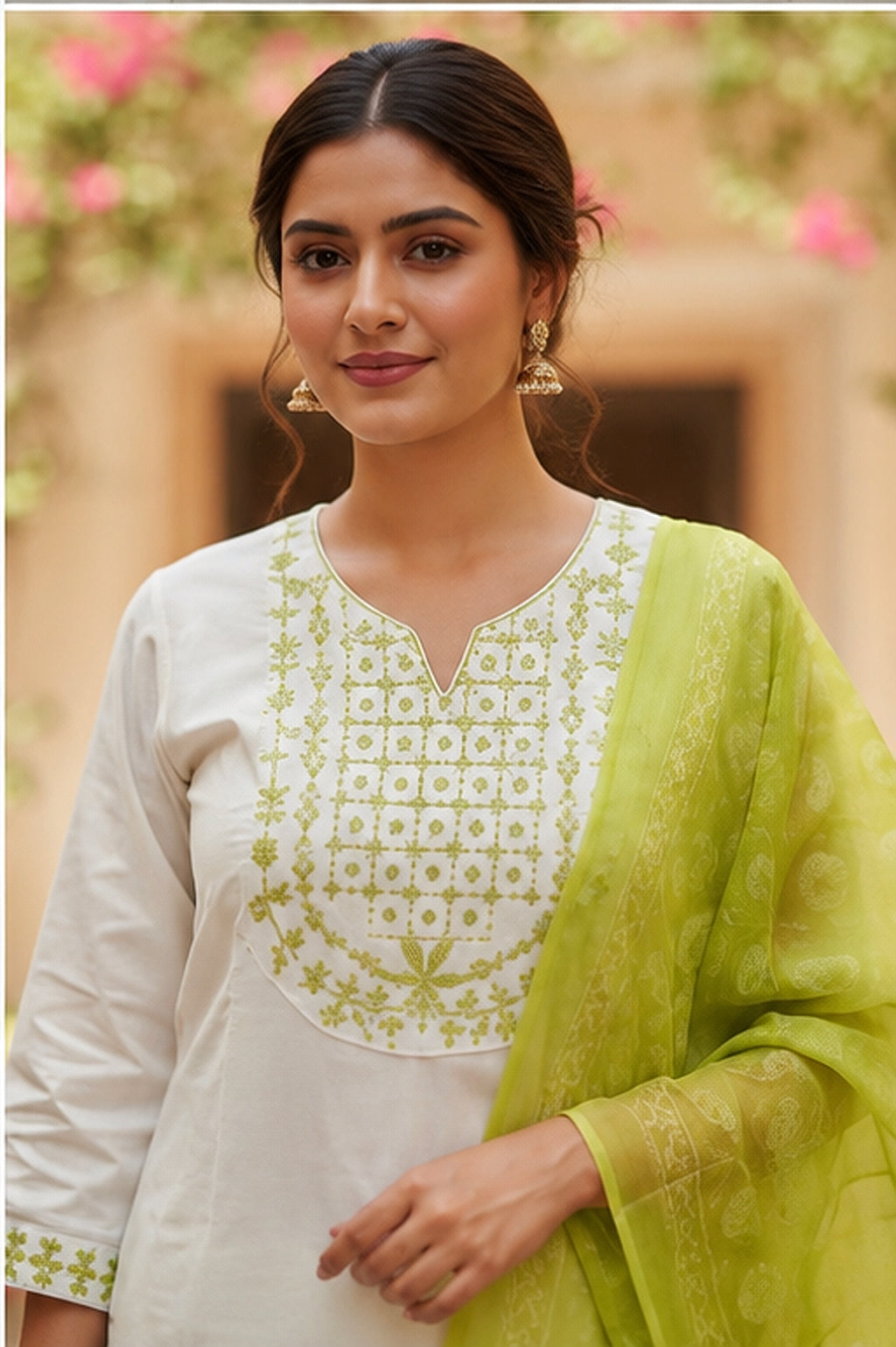White Cotton Blend Kurta Set with Lime Green Organza Dupatta