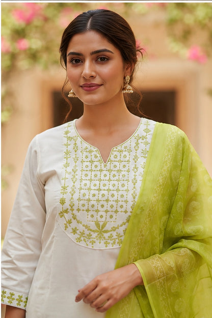 White Cotton Blend Kurta Set with Lime Green Organza Dupatta