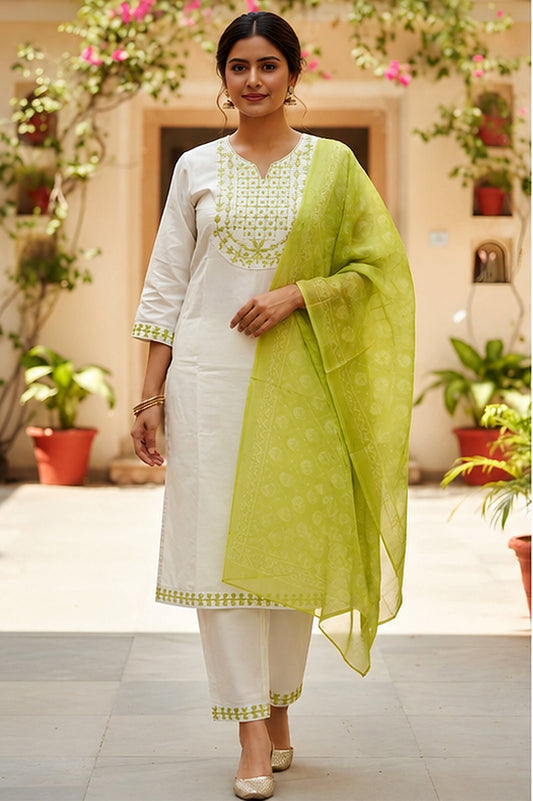 White Cotton Blend Kurta Set with Lime Green Organza Dupatta