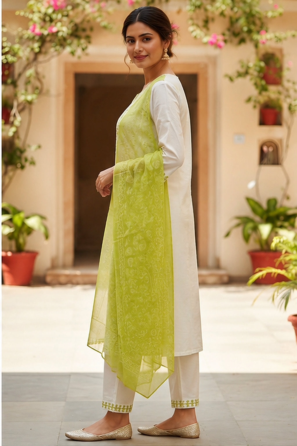 White Cotton Blend Kurta Set with Lime Green Organza Dupatta