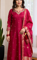 Magenta Embroidered Silk Blend Kurta Set with Banarasi Dupatta