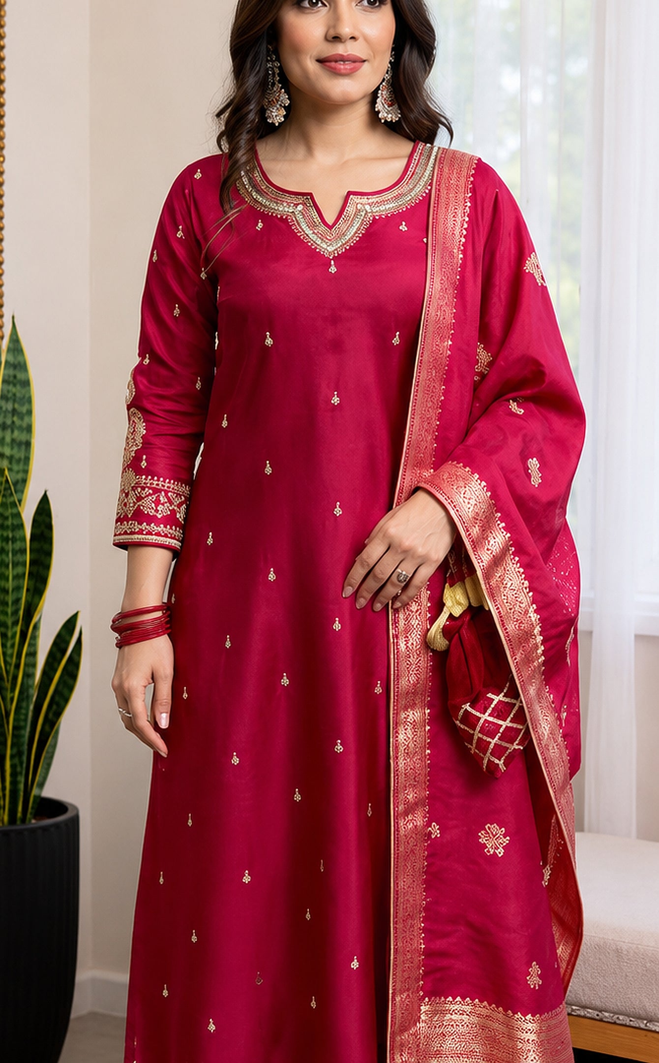 Magenta Embroidered Silk Blend Kurta Set with Banarasi Dupatta
