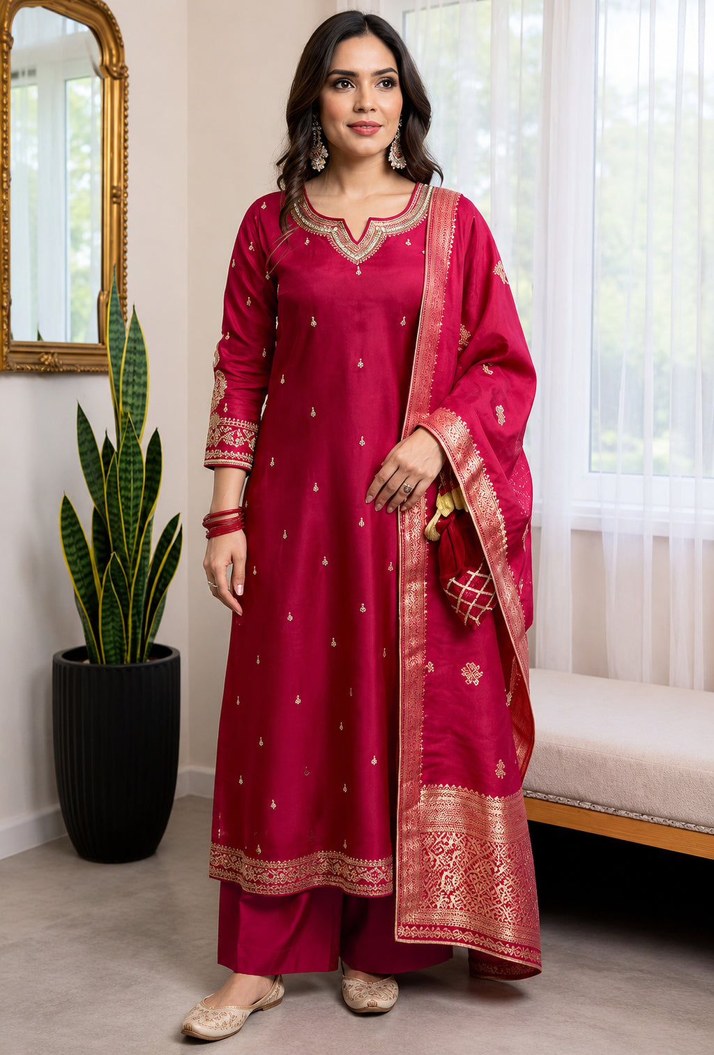 Magenta Embroidered Silk Blend Kurta Set with Banarasi Dupatta