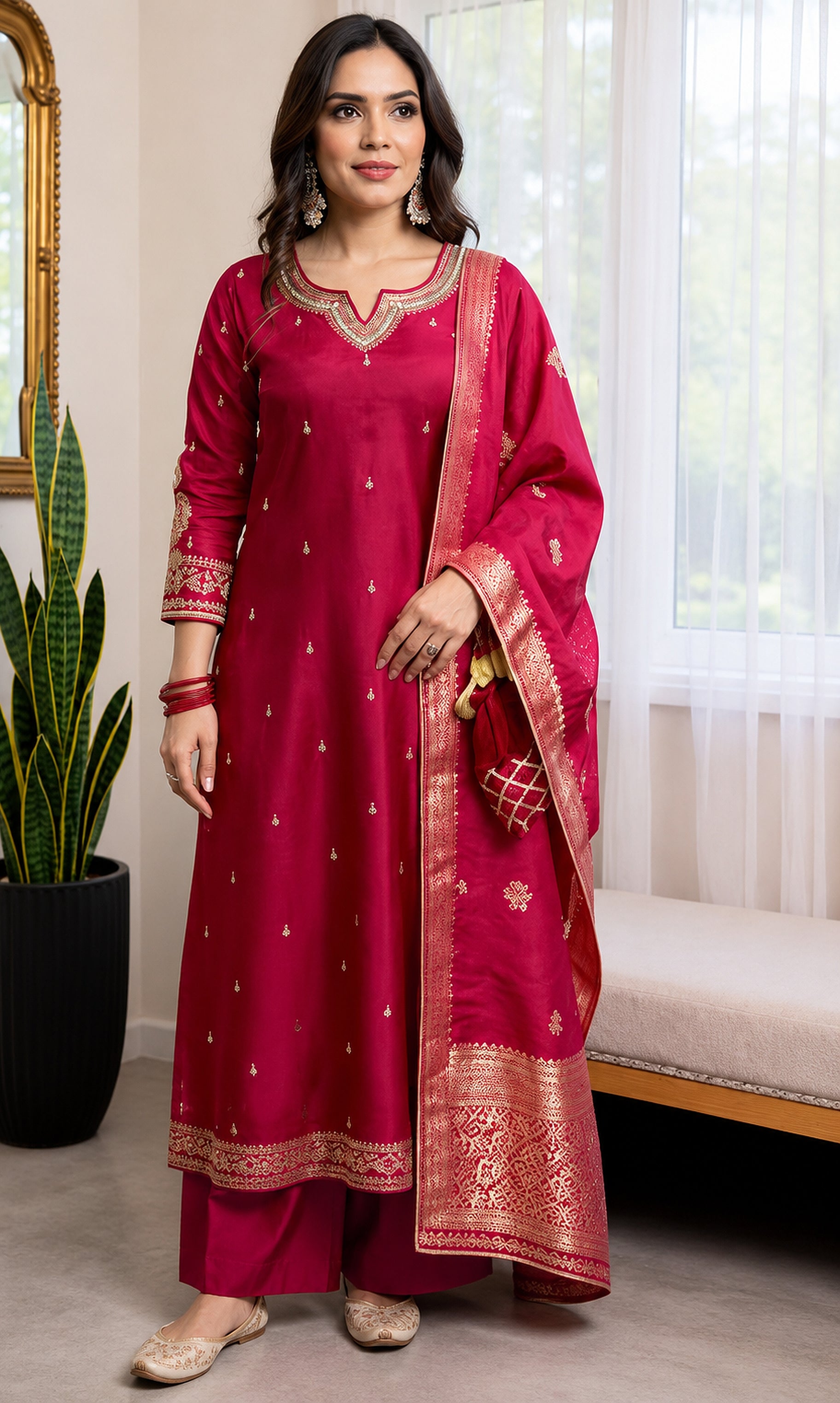 Magenta Embroidered Silk Blend Kurta Set with Banarasi Dupatta