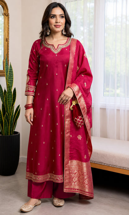 Magenta Embroidered Silk Blend Kurta Set with Banarasi Dupatta