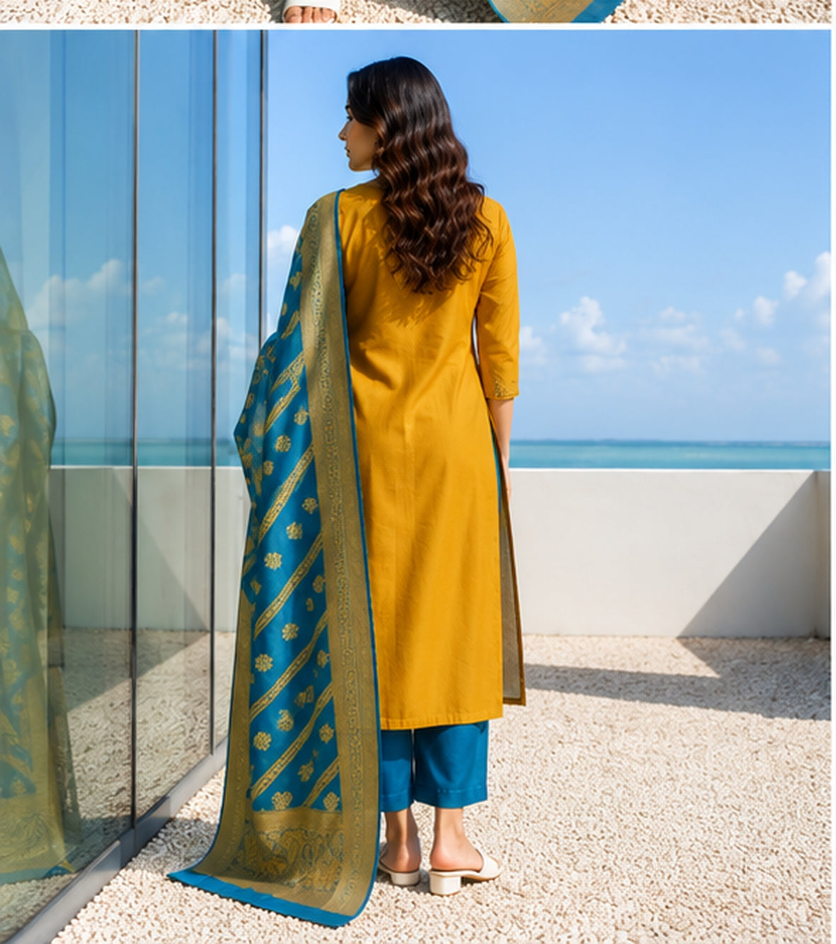 Mustard Yellow Cotton Blend Kurta Set with Banarasi Dupatta