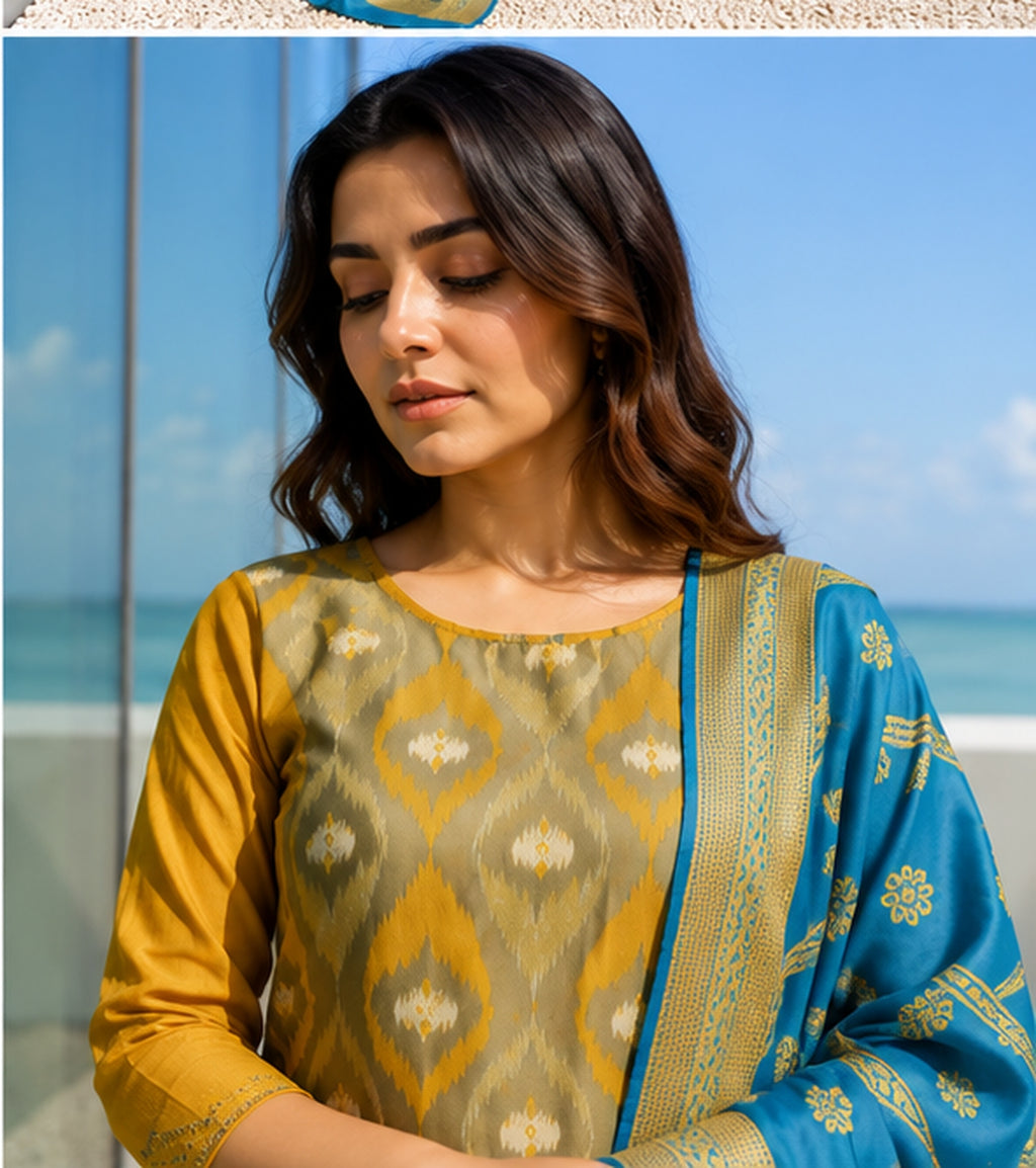 Mustard Yellow Cotton Blend Kurta Set with Banarasi Dupatta