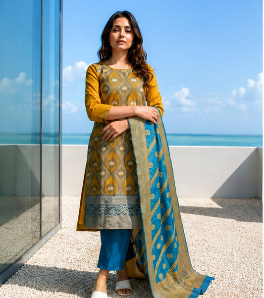 Mustard Yellow Cotton Blend Kurta Set with Banarasi Dupatta