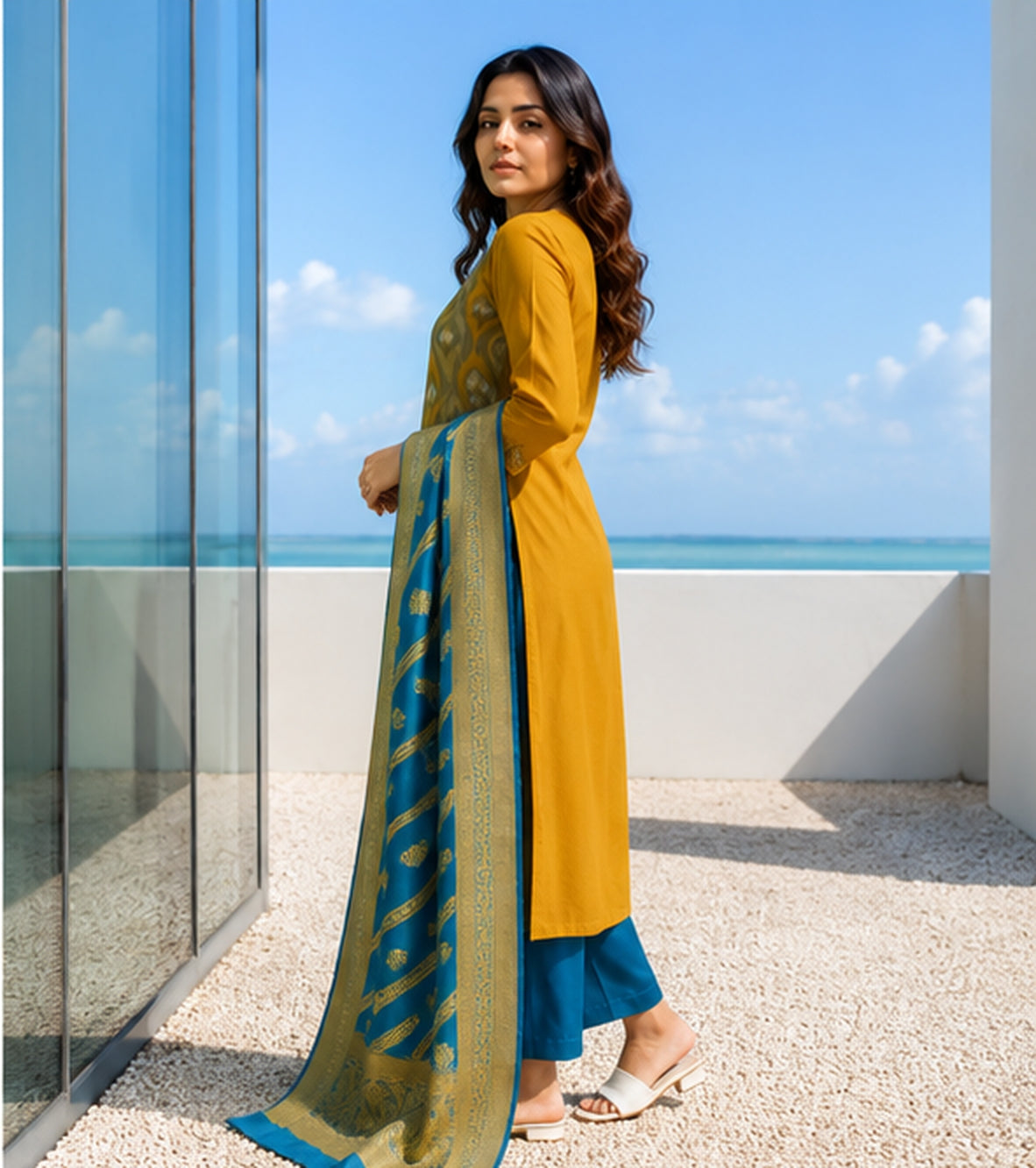 Mustard Yellow Cotton Blend Kurta Set with Banarasi Dupatta