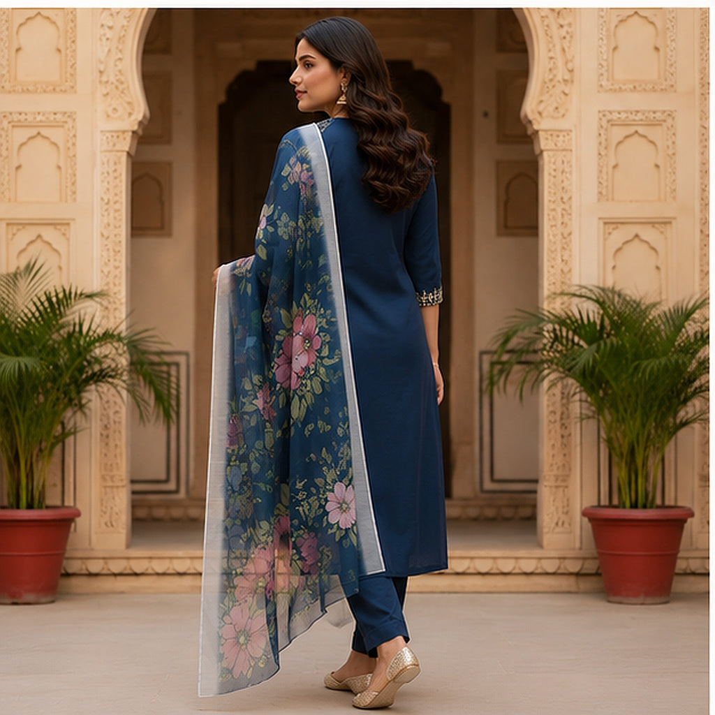 Navy Blue Cotton Blend Kurta Set with Floral Organza Dupatta