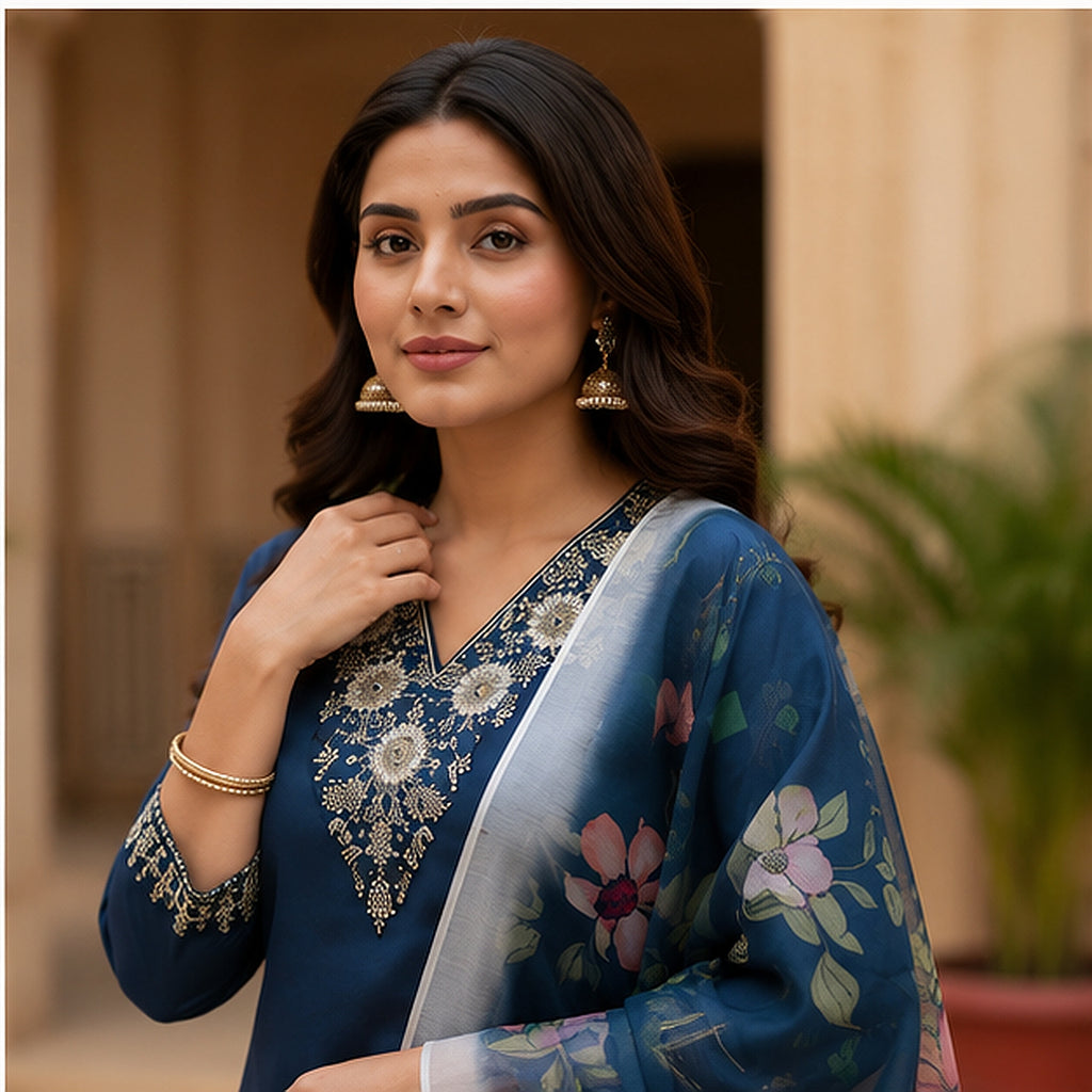 Navy Blue Cotton Blend Kurta Set with Floral Organza Dupatta