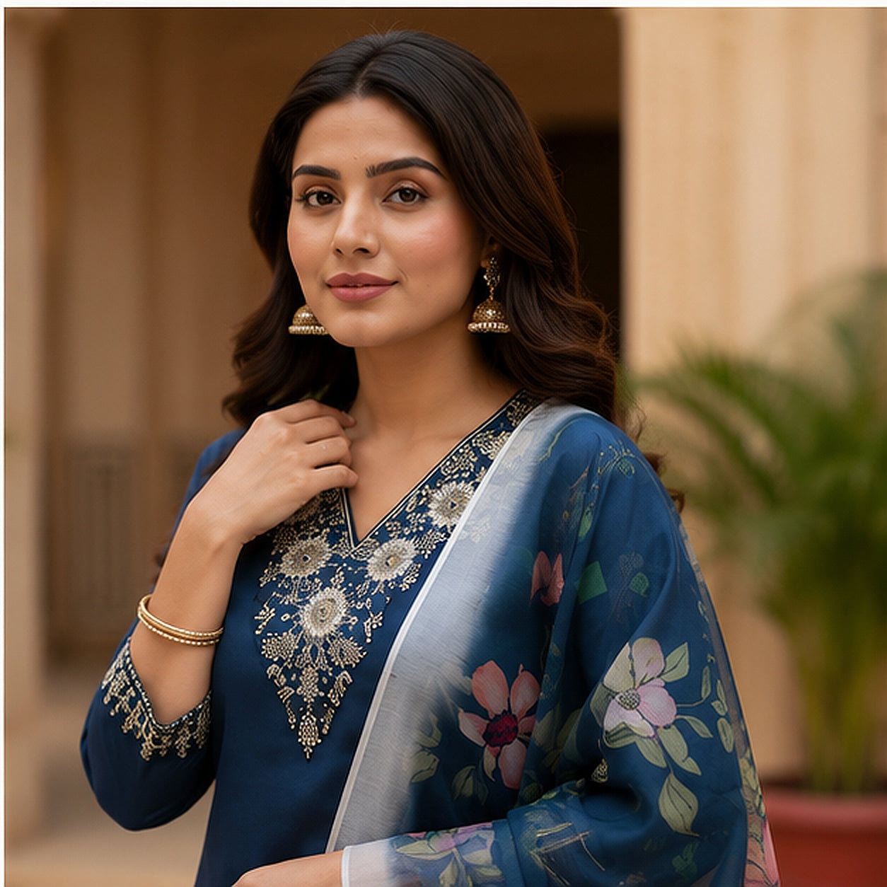 Navy Blue Cotton Blend Kurta Set with Floral Organza Dupatta